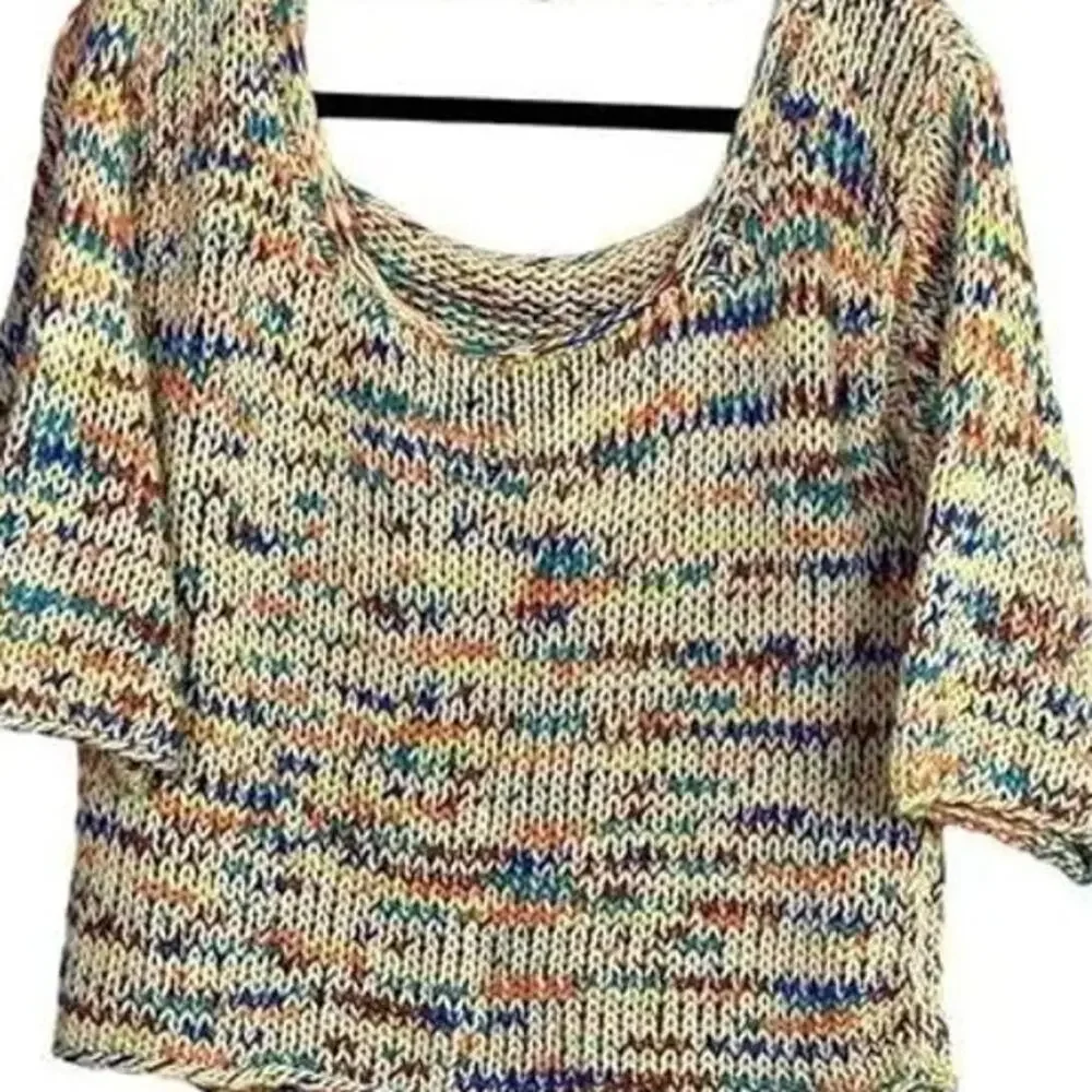 Zara Chunky Knit Relaxed Sweater 3/4 Sleeve Scoop Back S Multicolorfull Cream